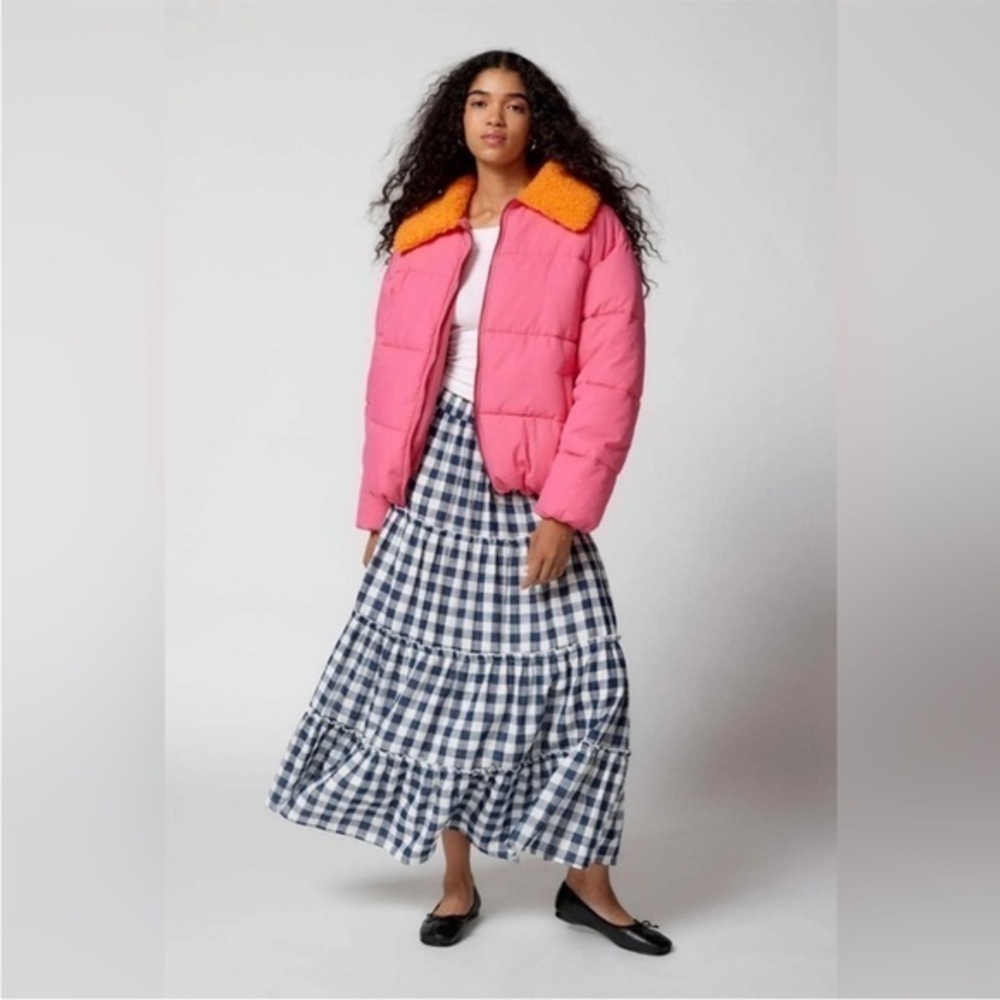 NWOT Urban Outfitters Pink Puffer Jacket Duckie Faux Shearling Collar S